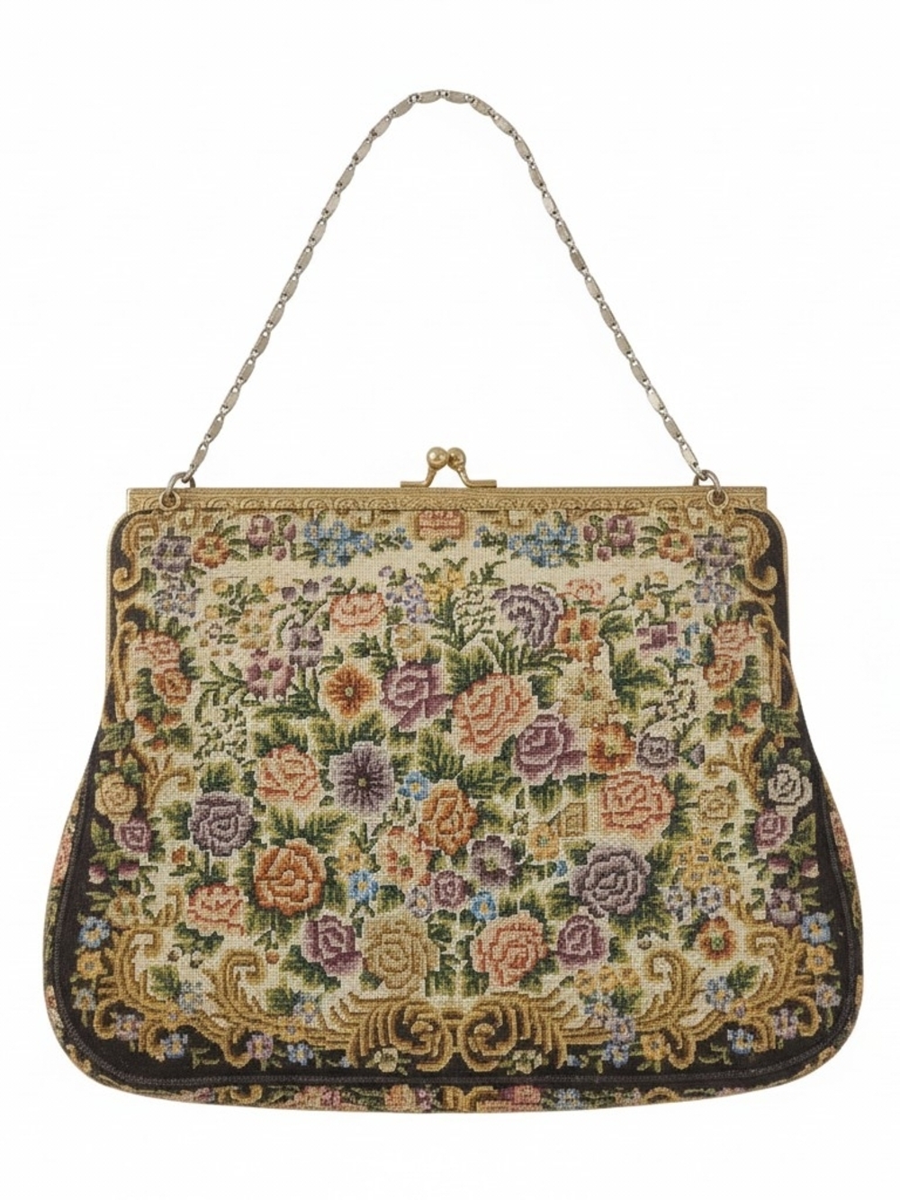 Vintage Floral Tapestry Clutch with Gold Frame in Multicolor